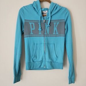 Pink Victoria's Secret 00s Y2K Hoodie Blue Logo Graphic Front Adult Full Zip SM
